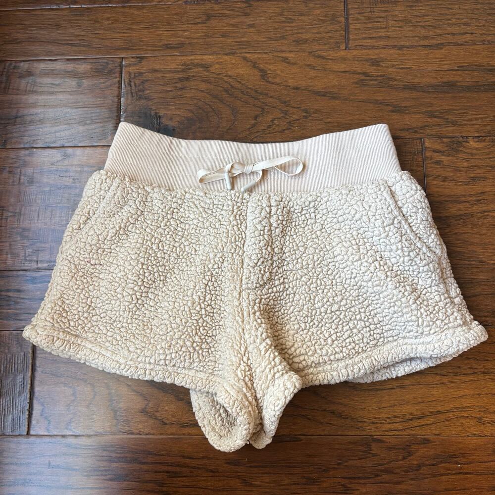 Popflex Faux Sherpa Short Pockets Fuzzy Lounge‎ Travel Neutral Beige Sz Small